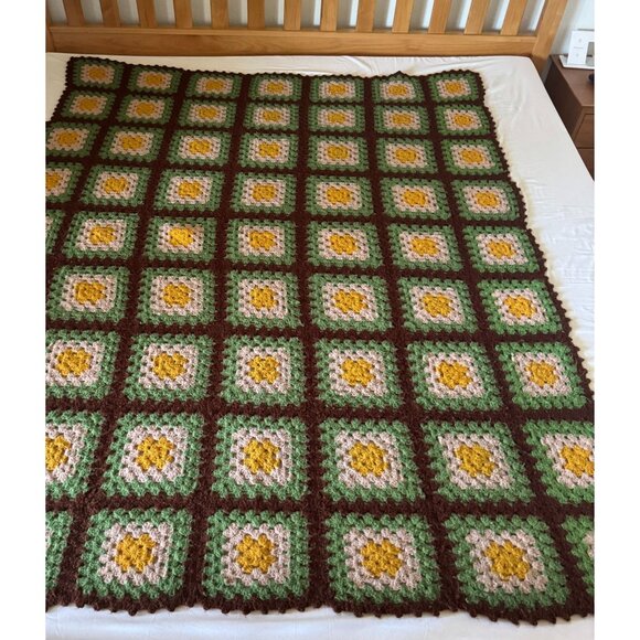 Vintage Hand-Crocheted Granny Square Afghan Blanket 55" x 72" Yellow Green Brown - Picture 10 of 16